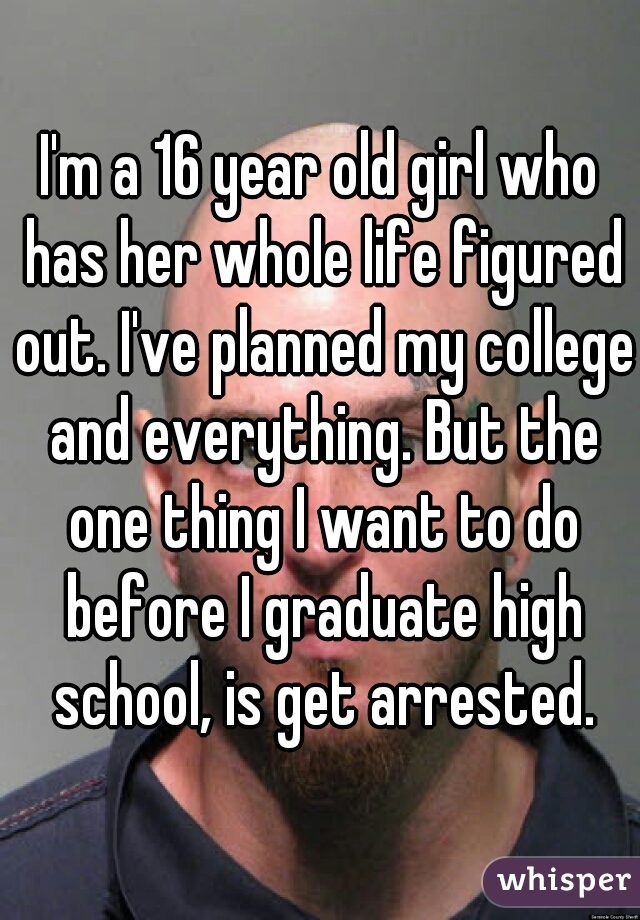 I'm a 16 year old girl who has her whole life figured out. I've planned my college and everything. But the one thing I want to do before I graduate high school, is get arrested.