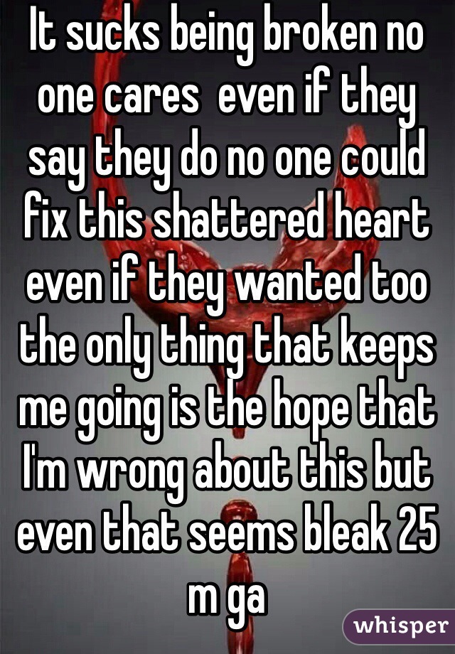 It sucks being broken no one cares  even if they say they do no one could fix this shattered heart even if they wanted too the only thing that keeps me going is the hope that I'm wrong about this but even that seems bleak 25 m ga