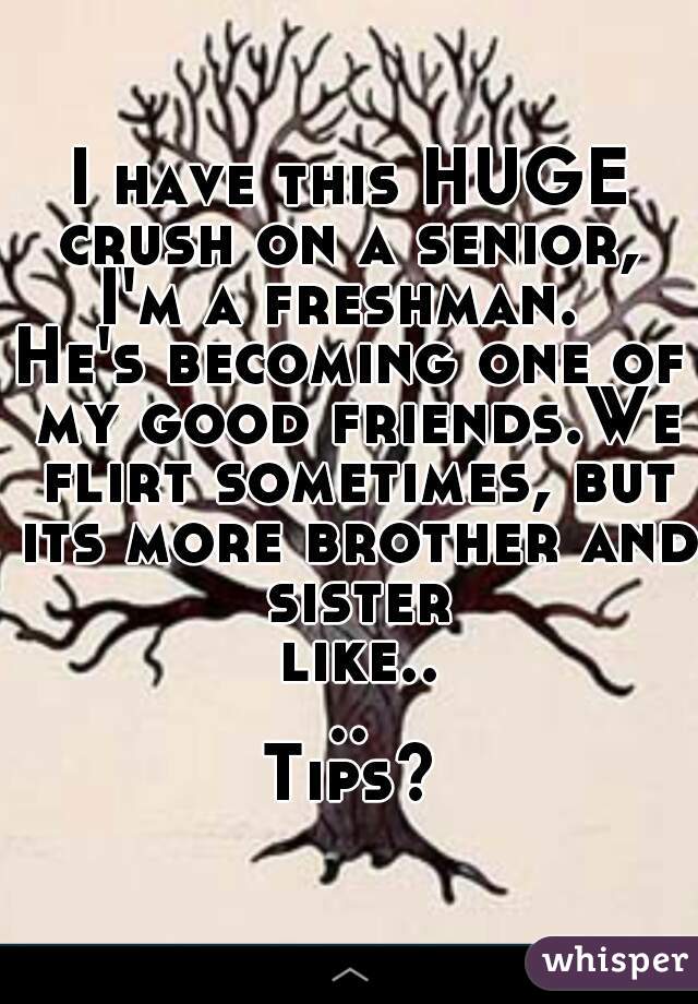 I have this HUGE crush on a senior, 
I'm a freshman. 
He's becoming one of my good friends.We flirt sometimes, but its more brother and sister like....
Tips?