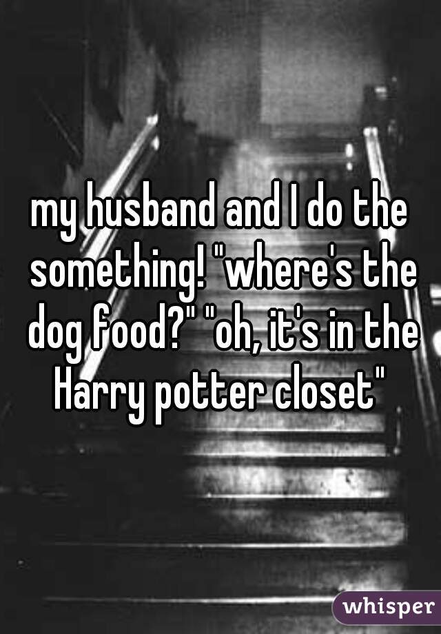 my husband and I do the something! "where's the dog food?" "oh, it's in the Harry potter closet" 