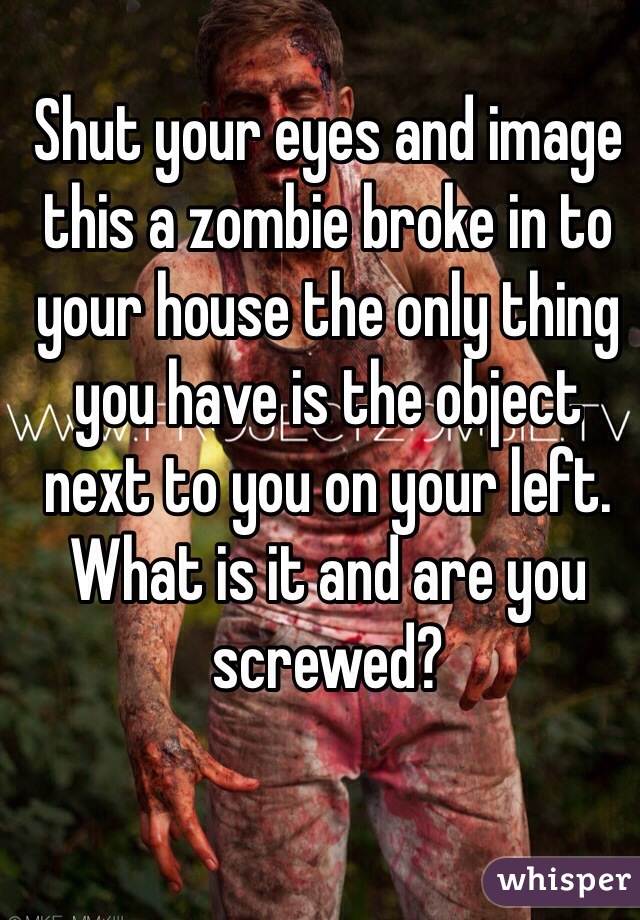 Shut your eyes and image this a zombie broke in to your house the only thing you have is the object next to you on your left. What is it and are you screwed?