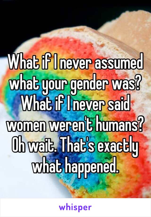 What if I never assumed what your gender was? What if I never said women weren't humans? Oh wait. That's exactly what happened. 