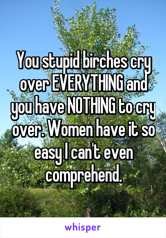 You stupid birches cry over EVERYTHING and you have NOTHING to cry over. Women have it so easy I can't even comprehend.