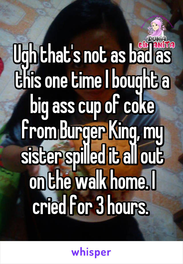 Ugh that's not as bad as this one time I bought a big ass cup of coke from Burger King, my sister spilled it all out on the walk home. I cried for 3 hours. 