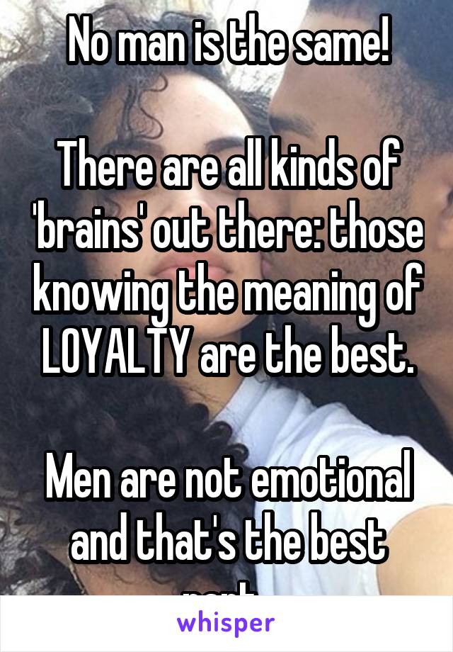 No man is the same!

There are all kinds of 'brains' out there: those knowing the meaning of LOYALTY are the best.

Men are not emotional and that's the best part. 
