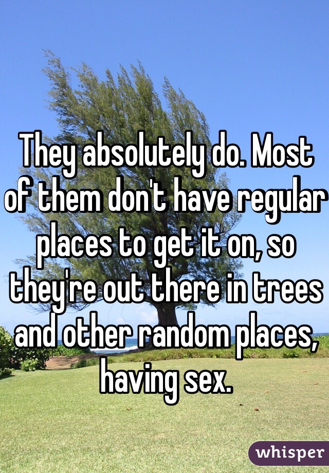 They absolutely do. Most of them don't have regular places to get it on, so they're out there in trees and other random places, having sex. 