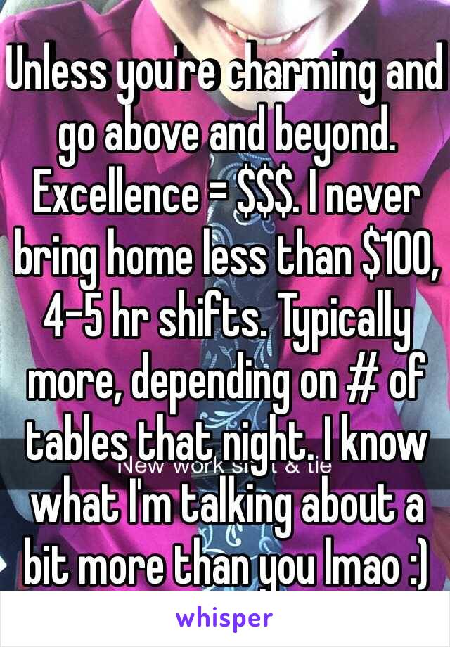 Unless you're charming and go above and beyond. Excellence = $$$. I never bring home less than $100, 4-5 hr shifts. Typically more, depending on # of tables that night. I know what I'm talking about a bit more than you lmao :)