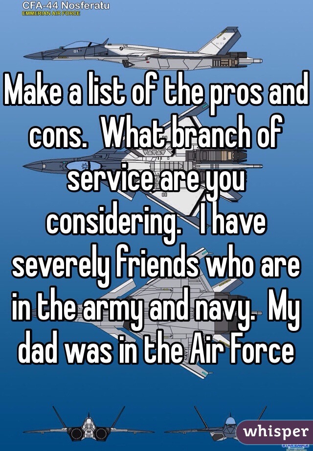 Make a list of the pros and cons.  What branch of service are you considering.   I have severely friends who are in the army and navy.  My dad was in the Air Force 