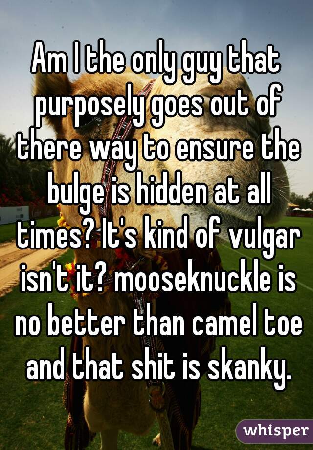 Am I the only guy that purposely goes out of there way to ensure the bulge is hidden at all times? It's kind of vulgar isn't it? mooseknuckle is no better than camel toe and that shit is skanky.