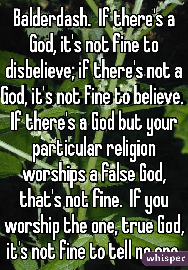 Balderdash.  If there's a God, it's not fine to disbelieve; if there's not a God, it's not fine to believe.  If there's a God but your particular religion worships a false God, that's not fine.  If you worship the one, true God, it's not fine to tell no one.