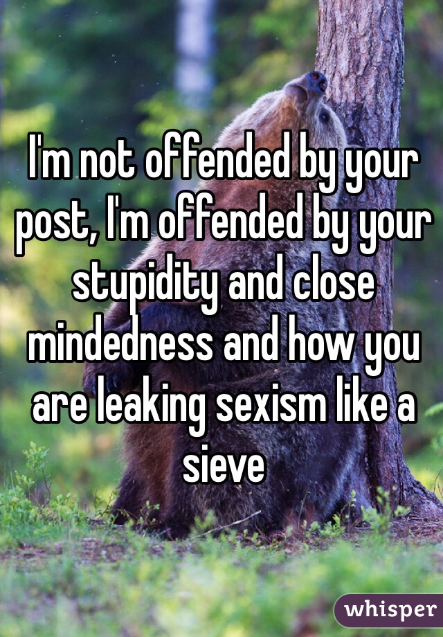 I'm not offended by your post, I'm offended by your stupidity and close mindedness and how you are leaking sexism like a sieve 