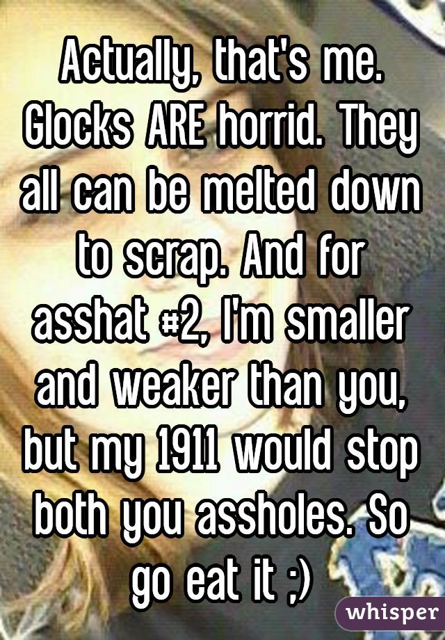 Actually, that's me. Glocks ARE horrid. They all can be melted down to scrap. And for asshat #2, I'm smaller and weaker than you, but my 1911 would stop both you assholes. So go eat it ;)