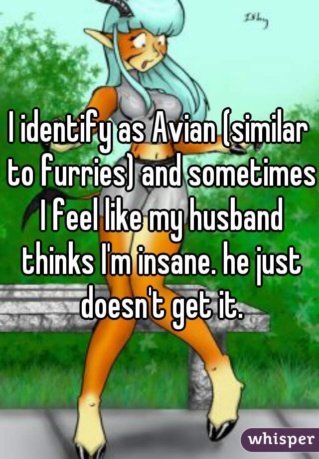 I identify as Avian (similar to furries) and sometimes I feel like my husband thinks I'm insane. he just doesn't get it.