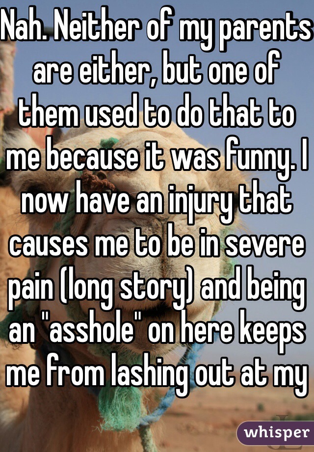 Nah. Neither of my parents are either, but one of them used to do that to me because it was funny. I now have an injury that causes me to be in severe pain (long story) and being an "asshole" on here keeps me from lashing out at my