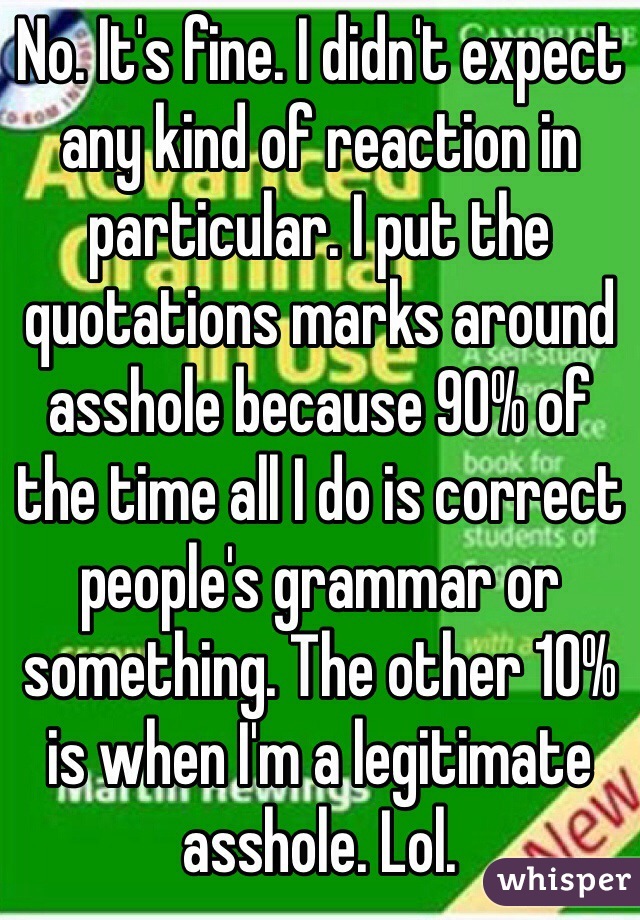 No. It's fine. I didn't expect any kind of reaction in particular. I put the quotations marks around asshole because 90% of the time all I do is correct people's grammar or something. The other 10% is when I'm a legitimate asshole. Lol. 