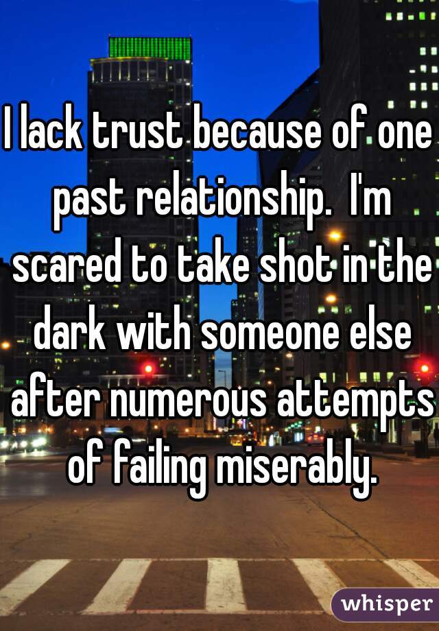 I lack trust because of one past relationship.  I'm scared to take shot in the dark with someone else after numerous attempts of failing miserably.