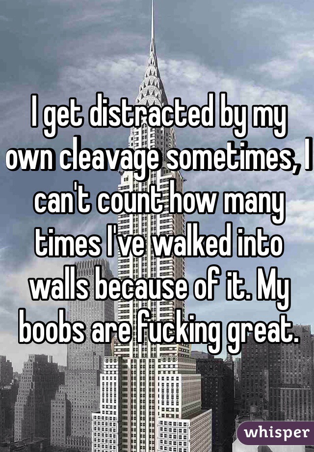 I get distracted by my own cleavage sometimes, I can't count how many times I've walked into walls because of it. My boobs are fucking great. 