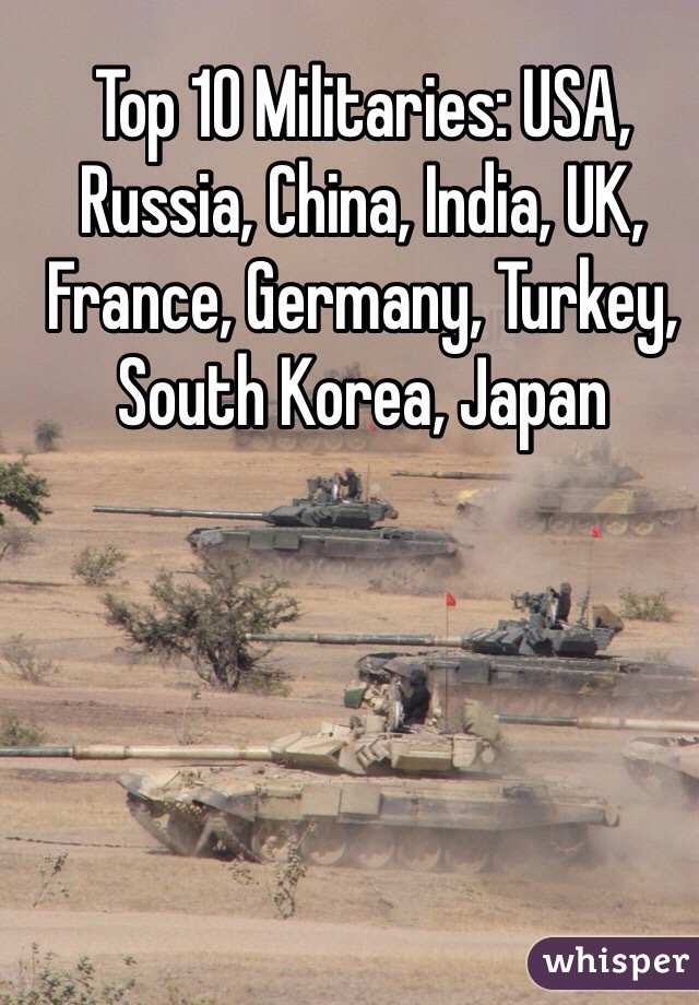 Top 10 Militaries: USA, Russia, China, India, UK, France, Germany, Turkey, South Korea, Japan