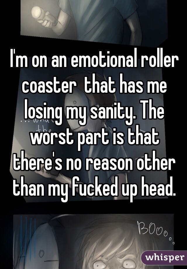 I'm on an emotional roller coaster  that has me losing my sanity. The worst part is that there's no reason other than my fucked up head.