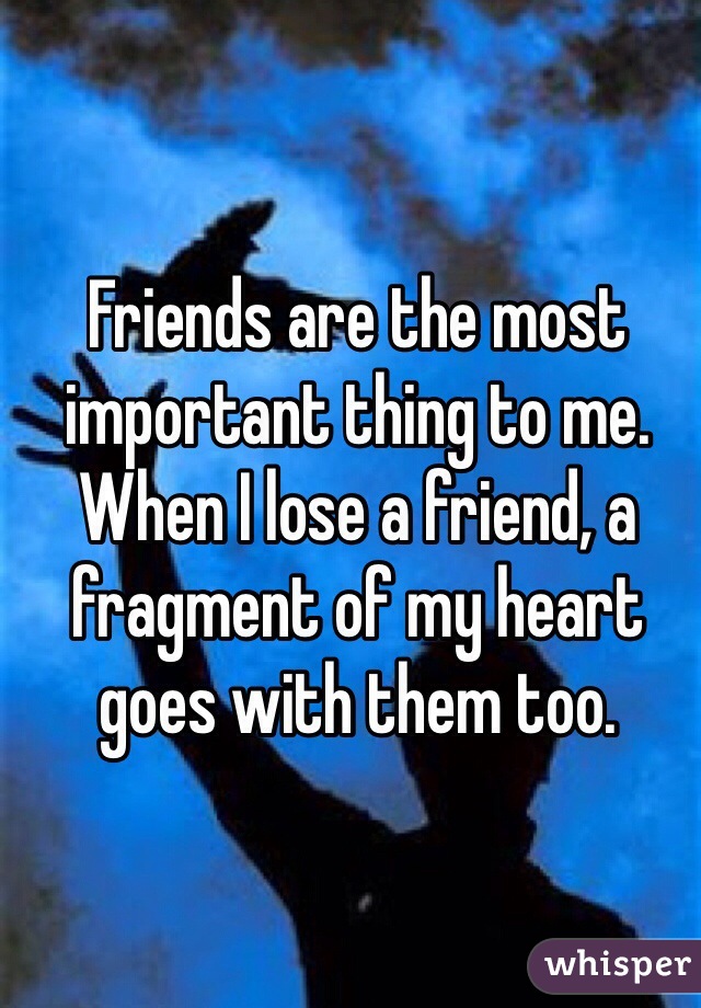 Friends are the most important thing to me.
When I lose a friend, a fragment of my heart goes with them too.