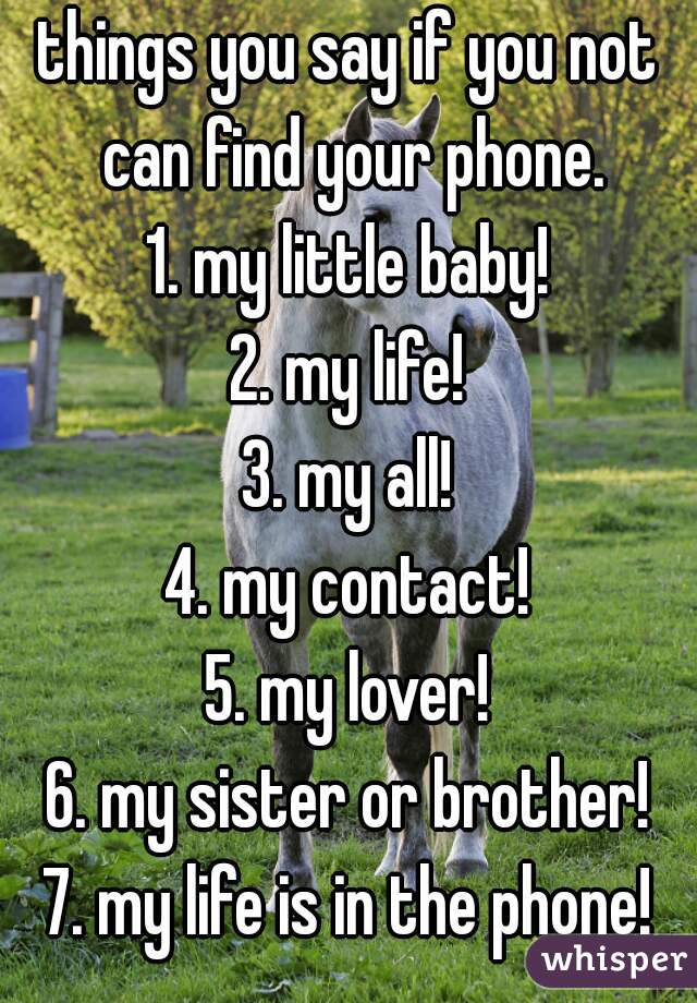 things you say if you not can find your phone.
1. my little baby!
2. my life!
3. my all!
4. my contact!
5. my lover!
6. my sister or brother!
7. my life is in the phone!

   