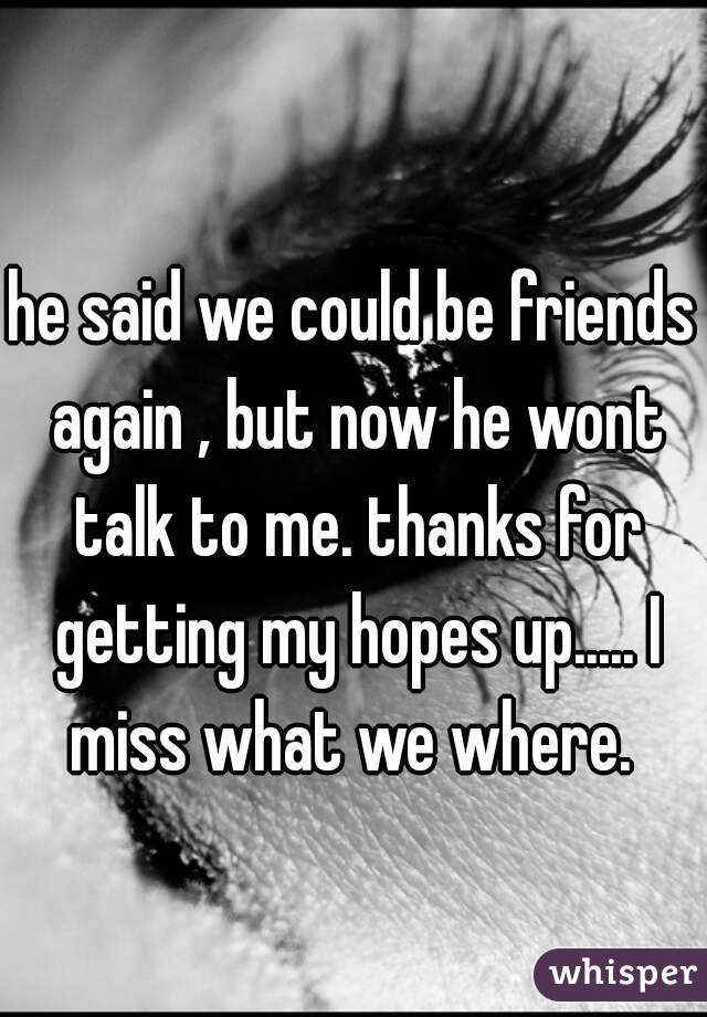he said we could be friends again , but now he wont talk to me. thanks for getting my hopes up..... I miss what we where. 