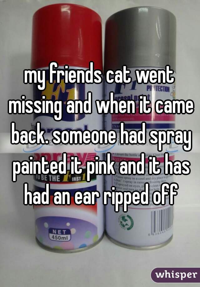 my friends cat went missing and when it came back. someone had spray painted it pink and it has had an ear ripped off