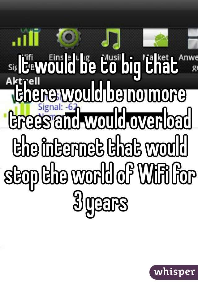 It would be to big that there would be no more trees and would overload the internet that would stop the world of WiFi for 3 years

