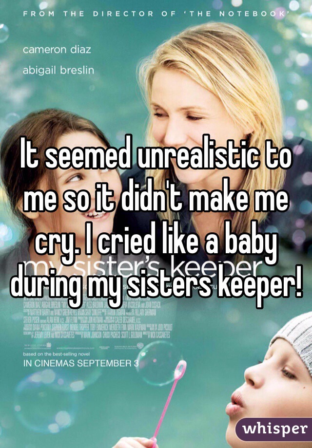 It seemed unrealistic to me so it didn't make me cry. I cried like a baby during my sisters keeper! 