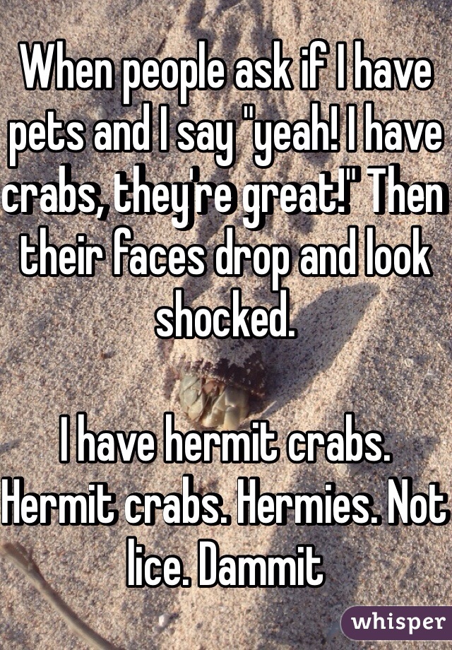 When people ask if I have pets and I say "yeah! I have crabs, they're great!" Then their faces drop and look shocked.

I have hermit crabs. Hermit crabs. Hermies. Not lice. Dammit  