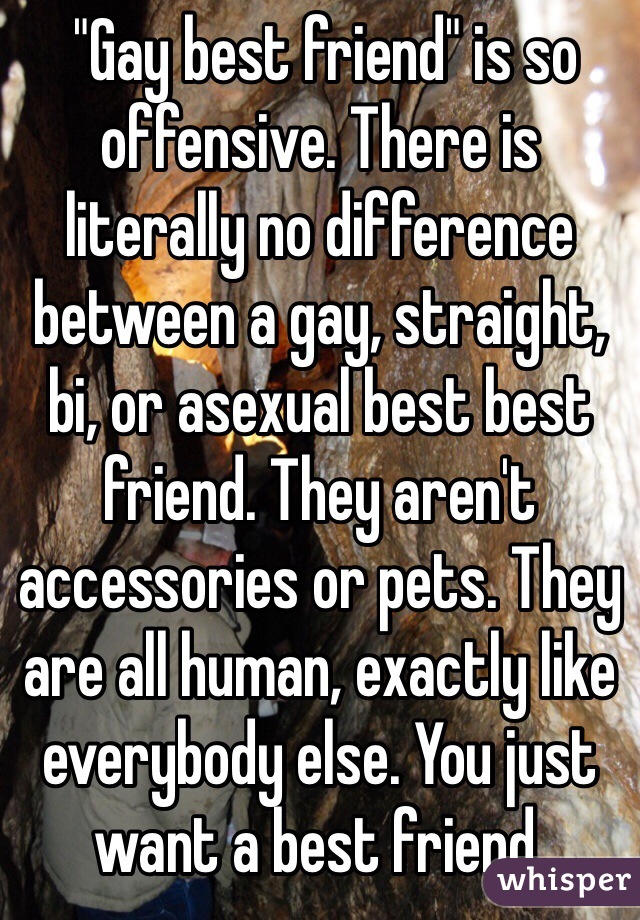  "Gay best friend" is so offensive. There is literally no difference between a gay, straight, bi, or asexual best best friend. They aren't accessories or pets. They are all human, exactly like everybody else. You just want a best friend.