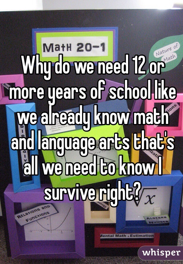 Why do we need 12 or more years of school like we already know math and language arts that's all we need to know I survive right?
