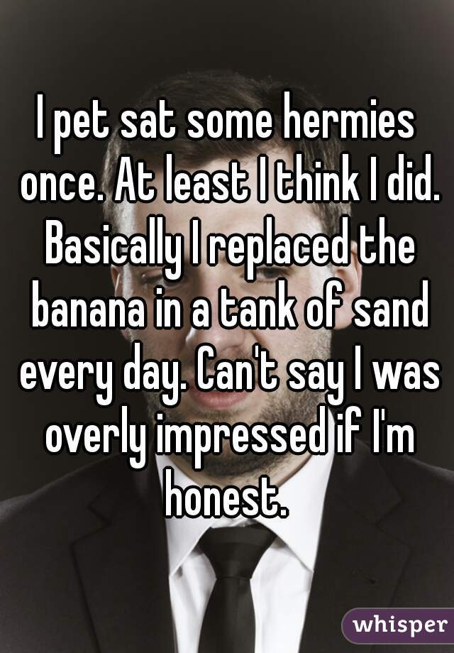 I pet sat some hermies once. At least I think I did. Basically I replaced the banana in a tank of sand every day. Can't say I was overly impressed if I'm honest. 