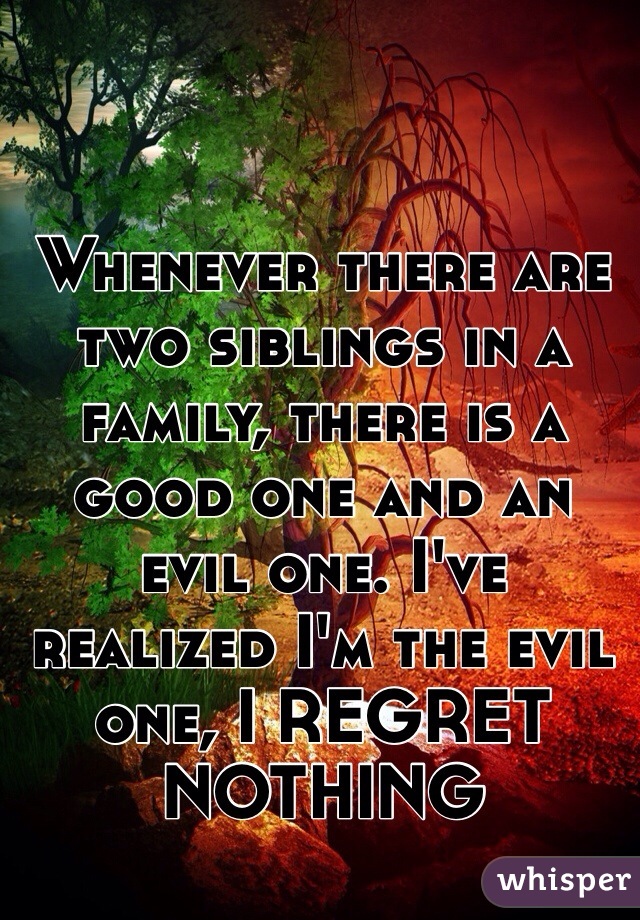 Whenever there are two siblings in a family, there is a good one and an evil one. I've realized I'm the evil one, I REGRET NOTHING