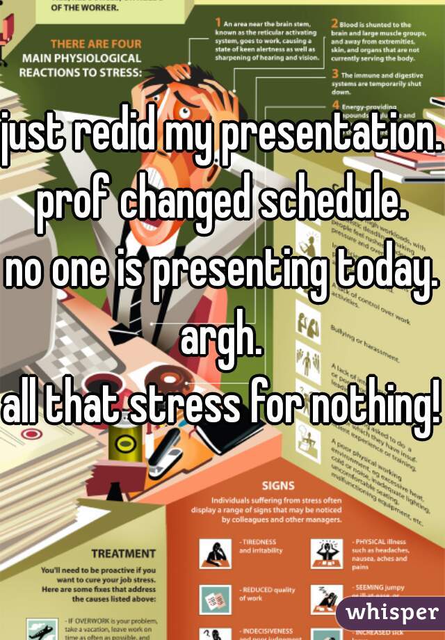 just redid my presentation.
prof changed schedule.
no one is presenting today.
argh.
all that stress for nothing!  