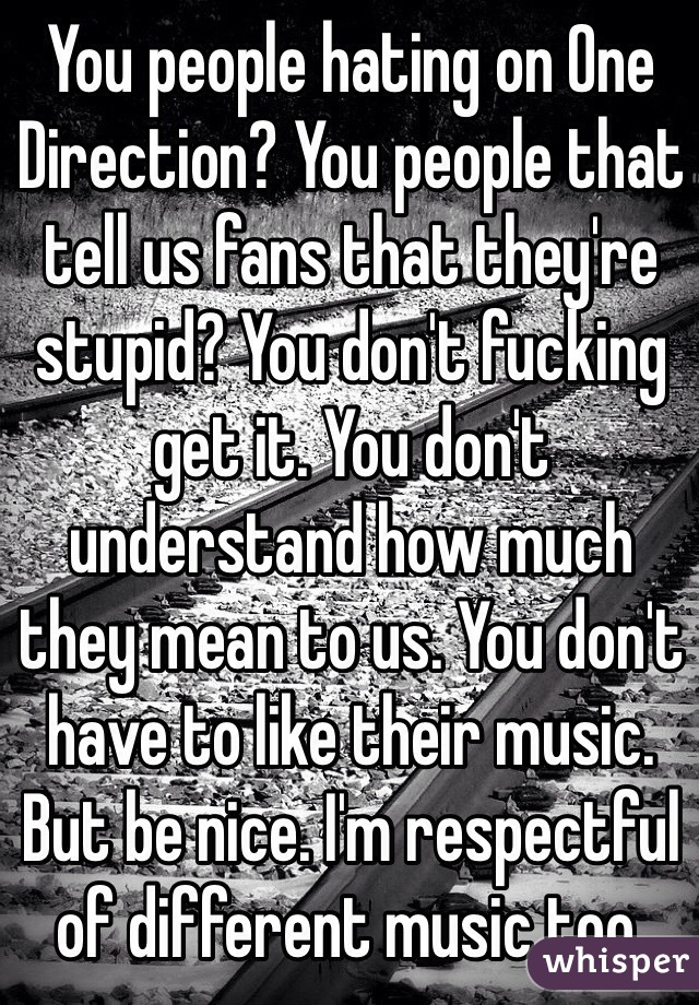 You people hating on One Direction? You people that tell us fans that they're stupid? You don't fucking get it. You don't understand how much they mean to us. You don't have to like their music. But be nice. I'm respectful of different music too. 