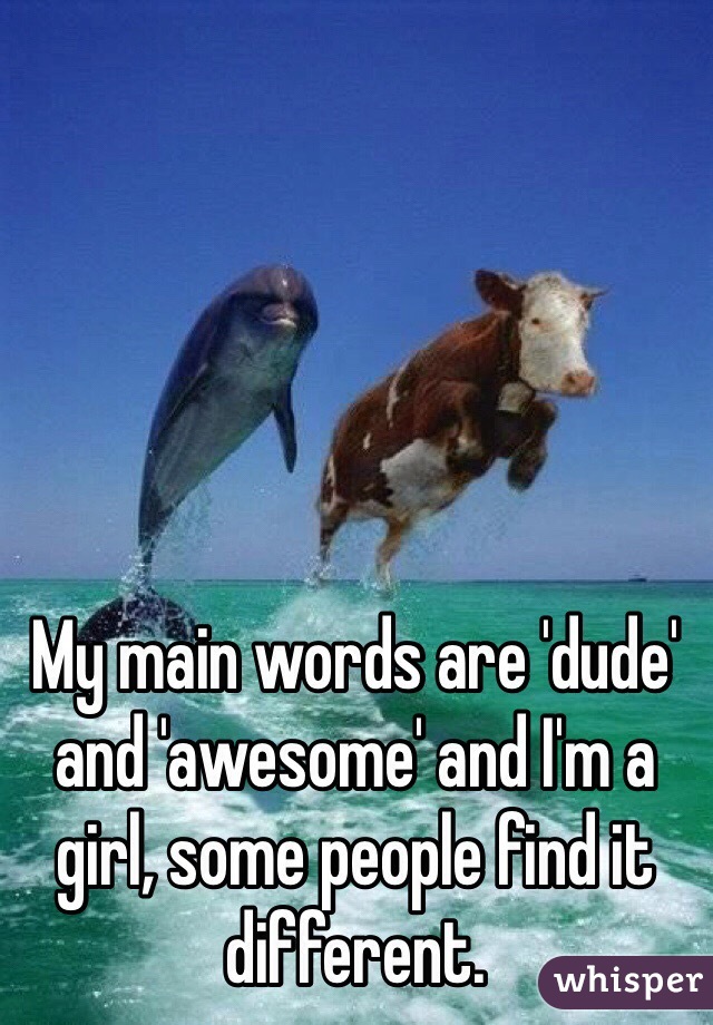 My main words are 'dude' and 'awesome' and I'm a girl, some people find it different. 