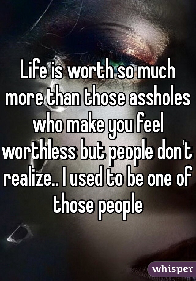 Life is worth so much more than those assholes who make you feel worthless but people don't realize.. I used to be one of those people 