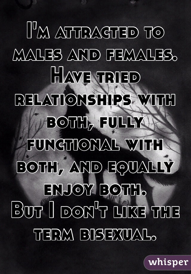 I'm attracted to males and females. Have tried relationships with both, fully functional with both, and equally enjoy both. 
But I don't like the term bisexual. 