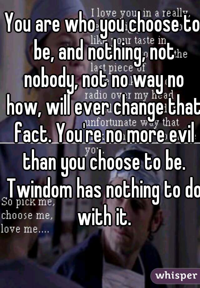 You are who you choose to be, and nothing, not nobody, not no way no how, will ever change that fact. You're no more evil than you choose to be. Twindom has nothing to do with it.