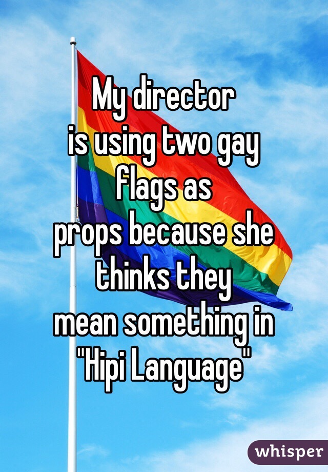 My director
is using two gay
flags as 
props because she
thinks they 
mean something in
"Hipi Language"