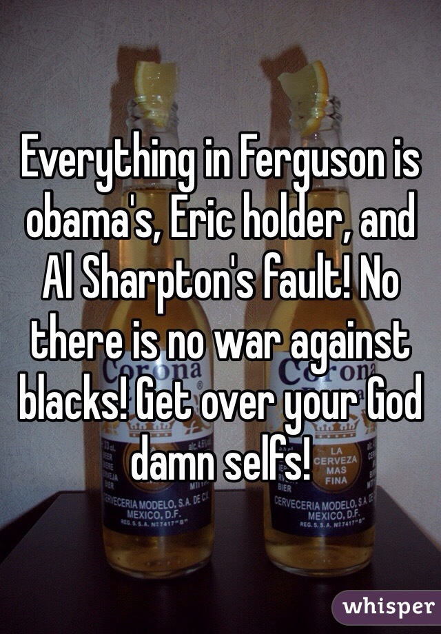 Everything in Ferguson is obama's, Eric holder, and Al Sharpton's fault! No there is no war against blacks! Get over your God damn selfs!