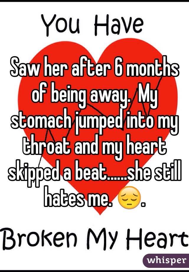 Saw her after 6 months of being away.  My stomach jumped into my throat and my heart skipped a beat......she still hates me. 😔. 