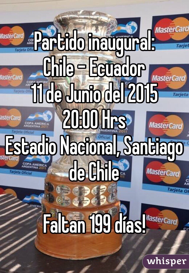 Partido inaugural:
Chile - Ecuador 
11 de Junio del 2015
20:00 Hrs
Estadio Nacional, Santiago de Chile

Faltan 199 días!