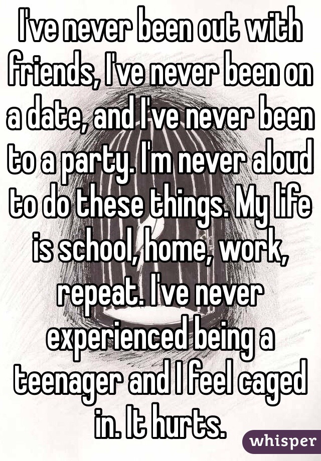 I've never been out with friends, I've never been on a date, and I've never been to a party. I'm never aloud to do these things. My life is school, home, work, repeat. I've never experienced being a teenager and I feel caged in. It hurts.