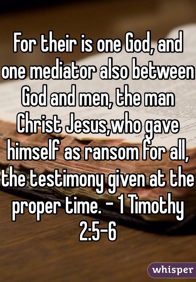 For their is one God, and one mediator also between God and men, the man Christ Jesus,who gave himself as ransom for all, the testimony given at the proper time. - 1 Timothy 2:5-6