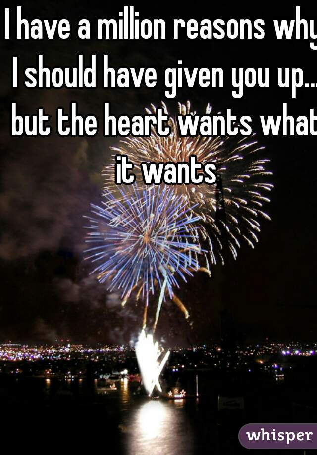 I have a million reasons why I should have given you up... but the heart wants what it wants