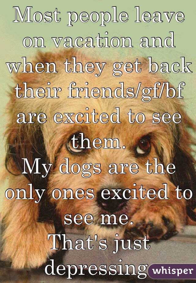 Most people leave on vacation and when they get back their friends/gf/bf are excited to see them. 
My dogs are the only ones excited to see me. 
That's just depressing. 