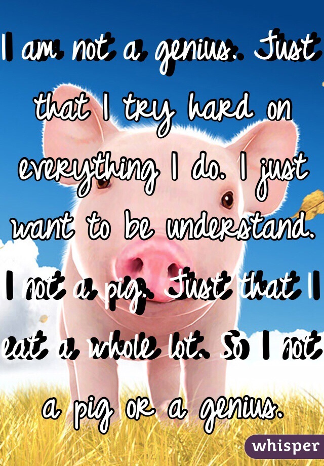 I am not a genius. Just that I try hard on everything I do. I just want to be understand. I not a pig. Just that I eat a whole lot. So I not a pig or a genius. 