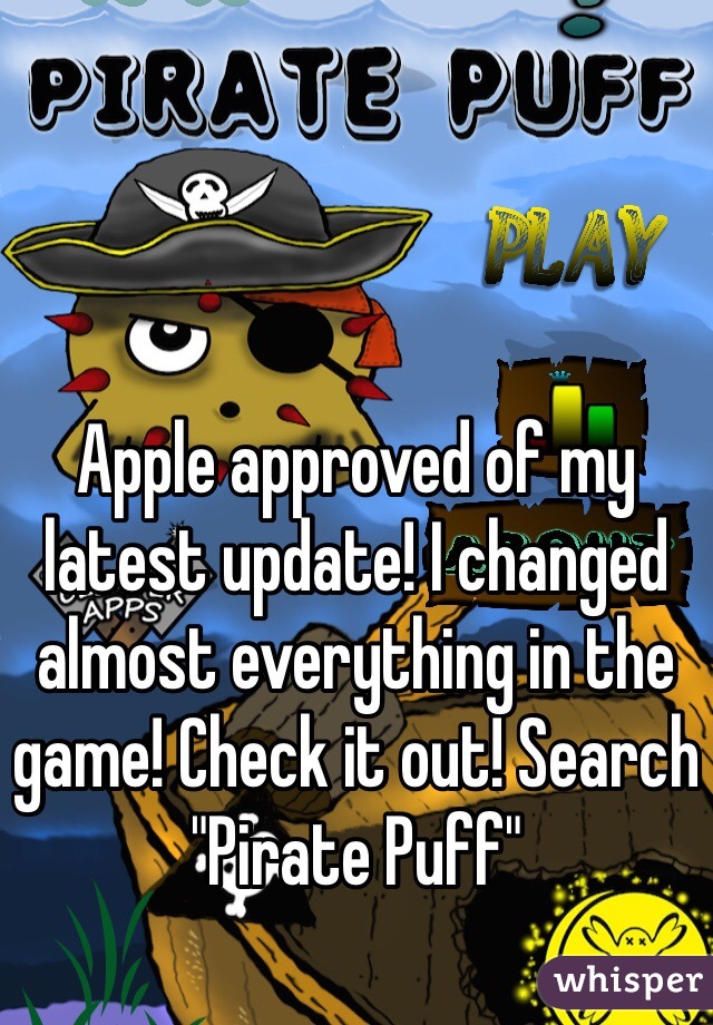 
Apple approved of my latest update! I changed almost everything in the game! Check it out! Search "Pirate Puff"
